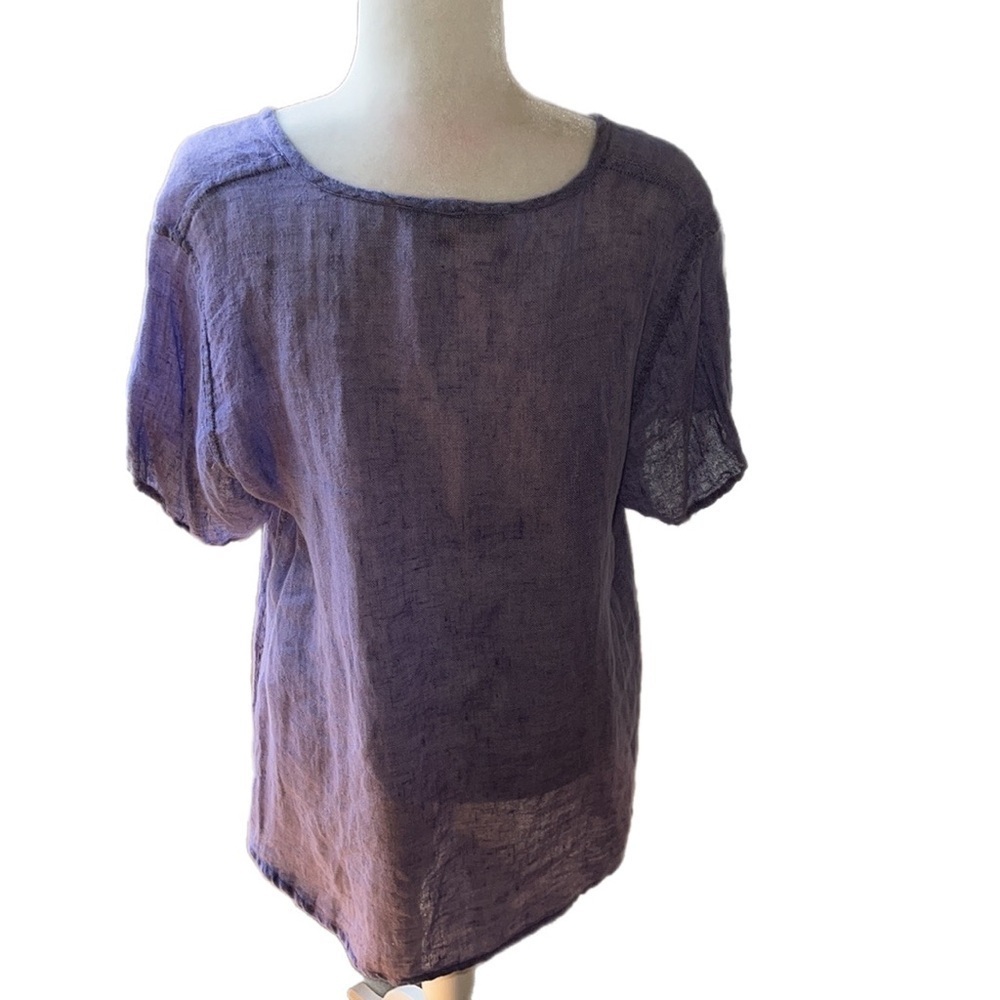 Flax Light Purple Linen Short Sleeve Button-Down Top - Picture 4 of 9